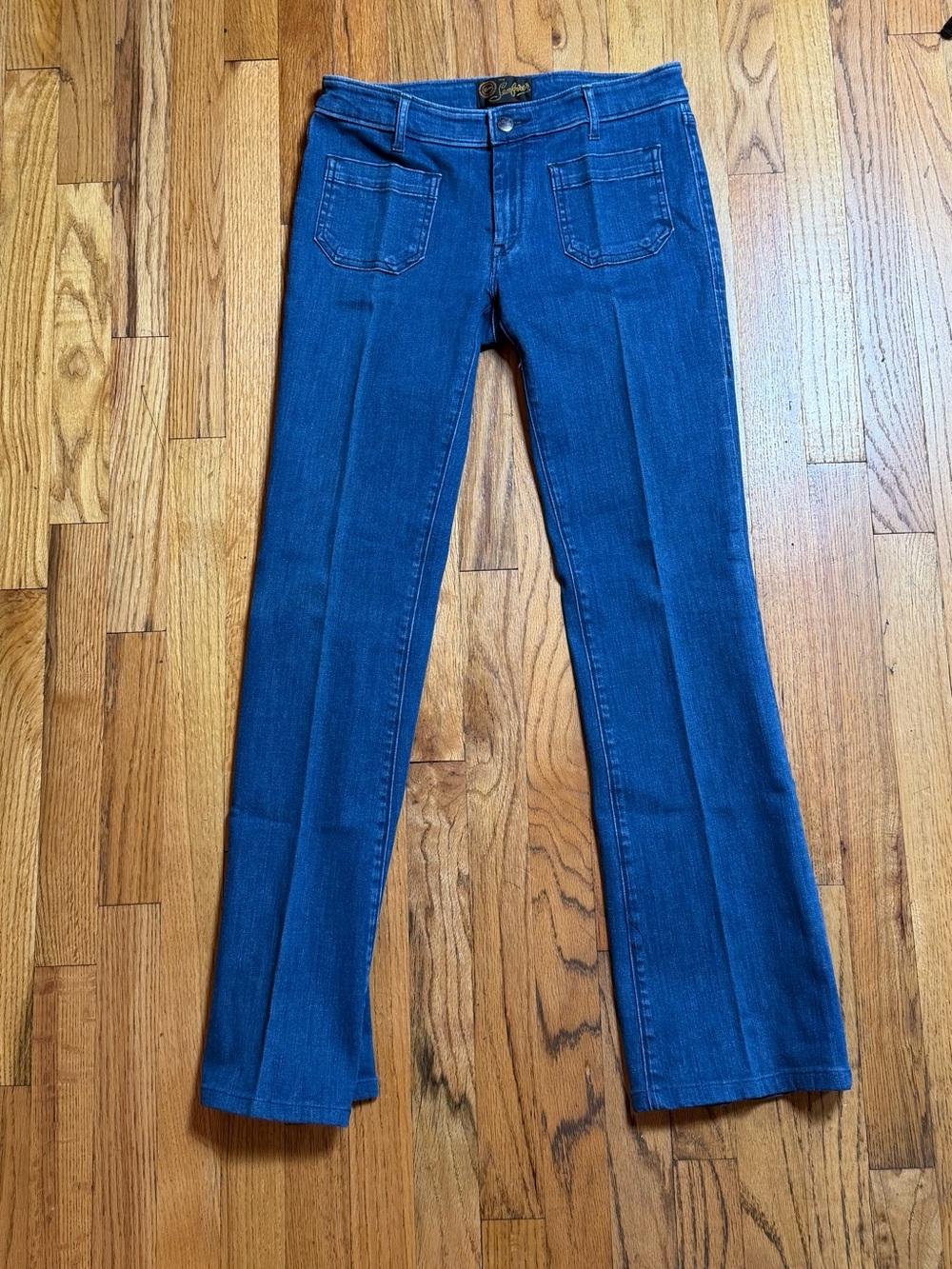 Dark Blue Flare Jeans with Front Patch Pockets